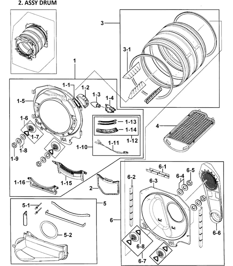 Drum Assy Diagram and Parts List for DV328AGW XAA-0000 Samsung Dryer