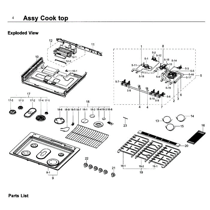 Cooktop Diagram and Parts List for NX58K9850SG AA-00 Samsung Range