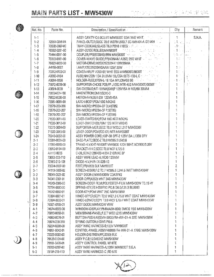 Microwave/pcb Parts Page 5 Diagram and Parts List for MW5330T XAA Samsung Microwave