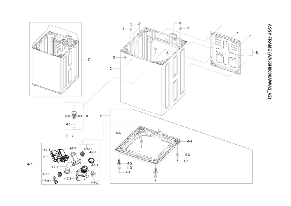 Frame Assembly Diagram and Parts List for WA56H9000AW A2-02 Samsung Washer