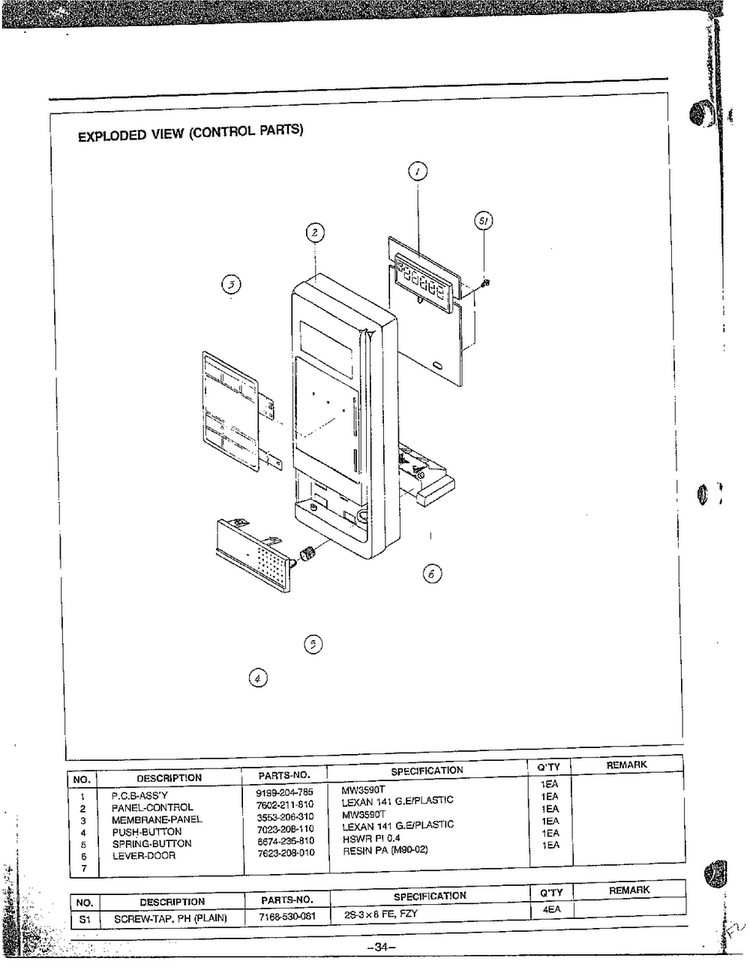 Control Parts Diagram and Parts List for MW3590T XAA Samsung Microwave