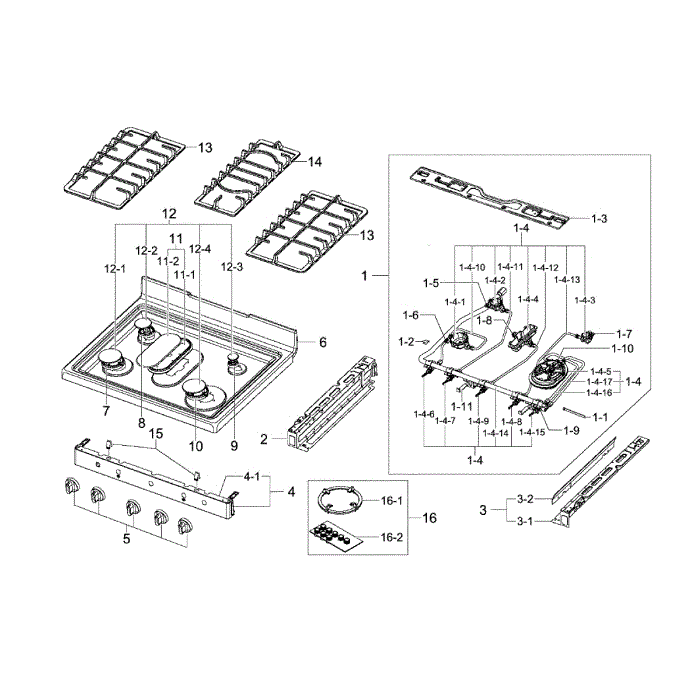Cook Top Assembly Diagram and Parts List for NX58F5700WS AA-00 Samsung Range