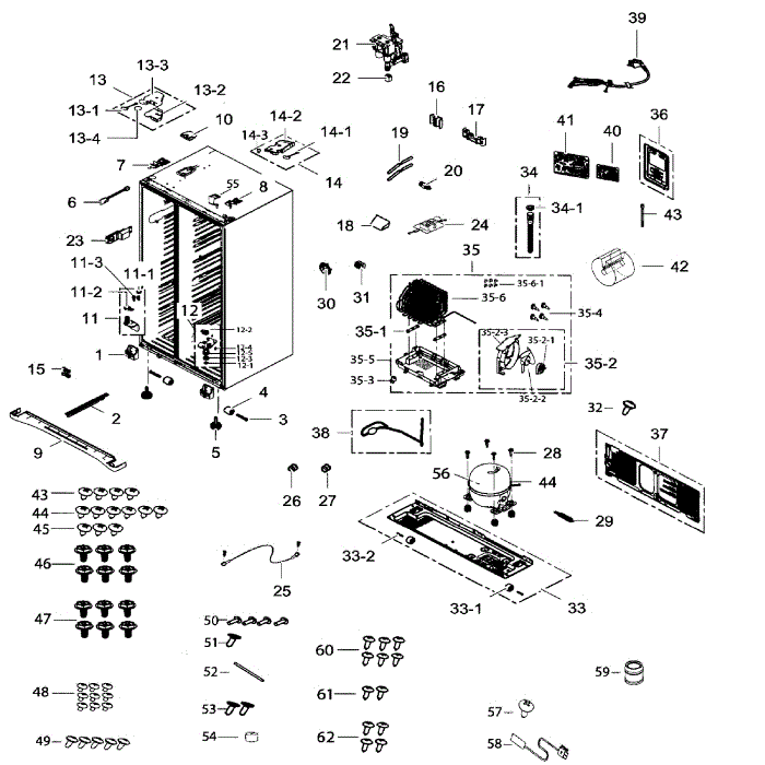 Cabinet Diagram and Parts List for RH25H5611SR AA-01 Samsung Refrigerator