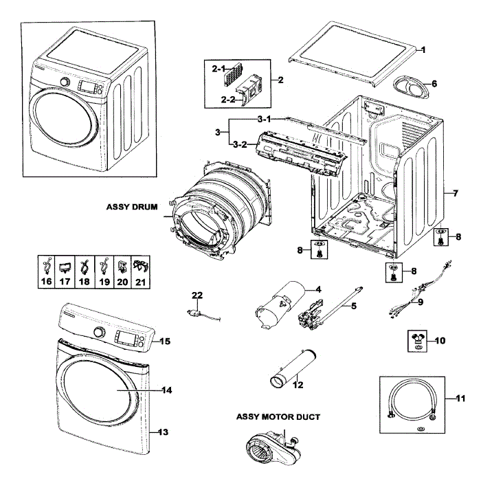 Main Assembly Diagram and Parts List for DV511AGW XAA-01 Samsung Dryer