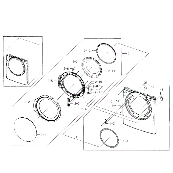 Frame Front And Door Diagram and Parts List for DV331AER XAA-01 Samsung Dryer