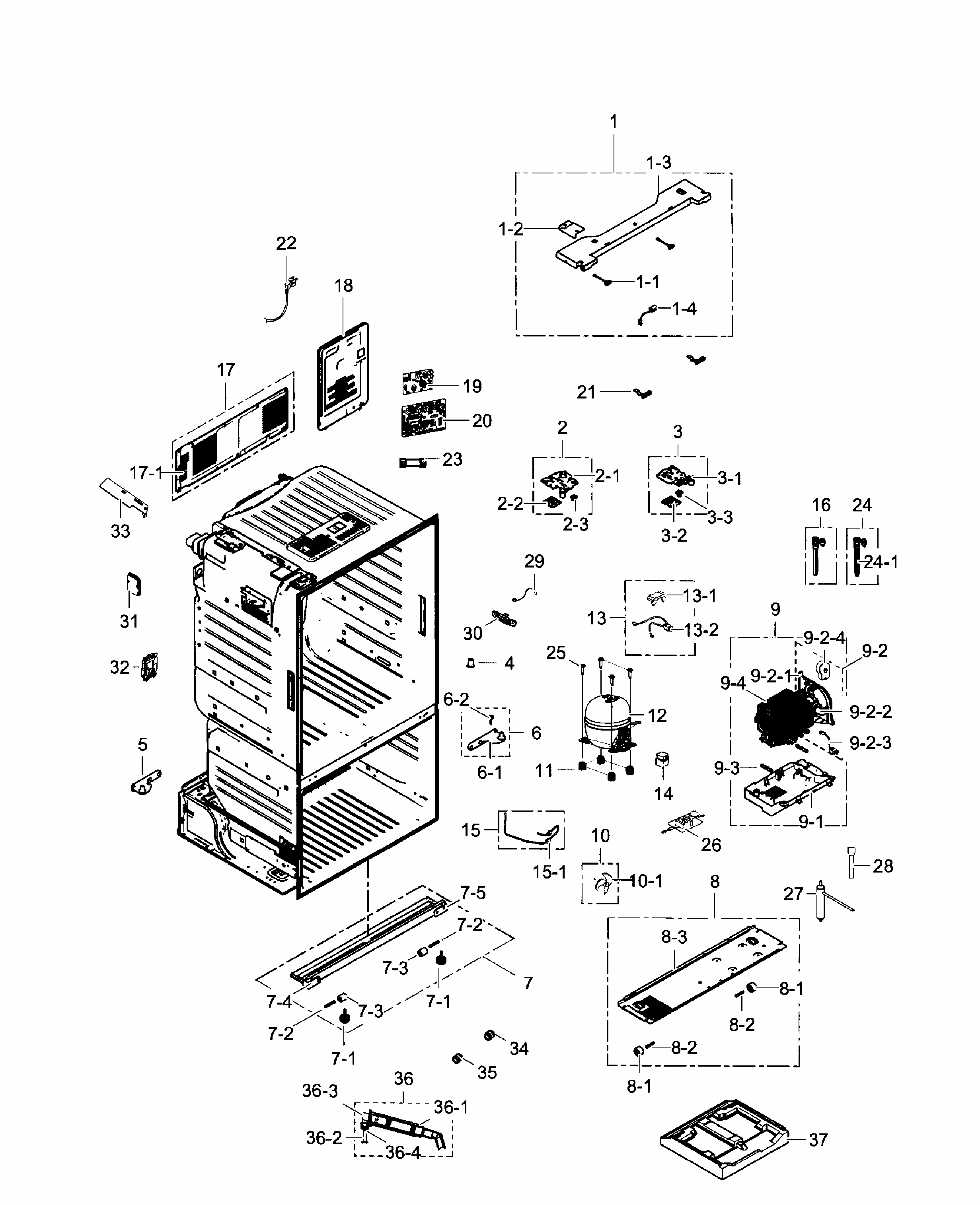 Cabinet Diagram and Parts List for RF263TEAESR AA-0001 Samsung Refrigerator