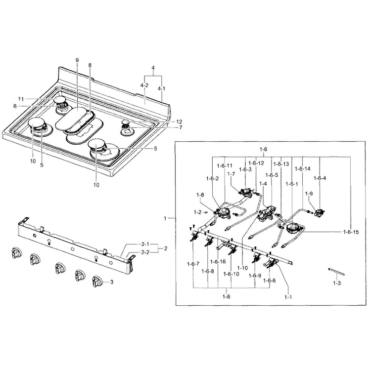 Cooktop Assy Diagram and Parts List for NX583G0VBWW AA-0000 Samsung Range