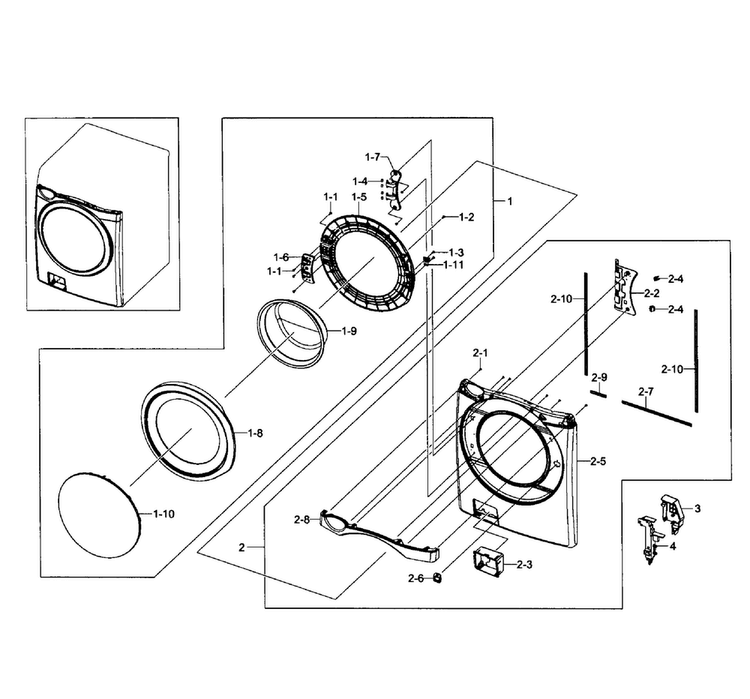 Front/door Assy Diagram and Parts List for WF511ABW XAA-0002 Samsung Washer