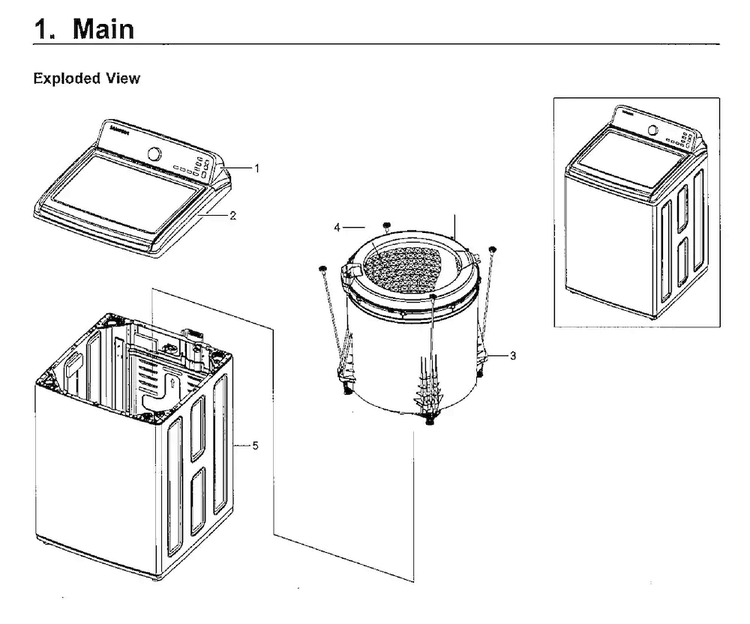 Main Diagram and Parts List for WA48H7400AW AA-0011 Samsung Washer