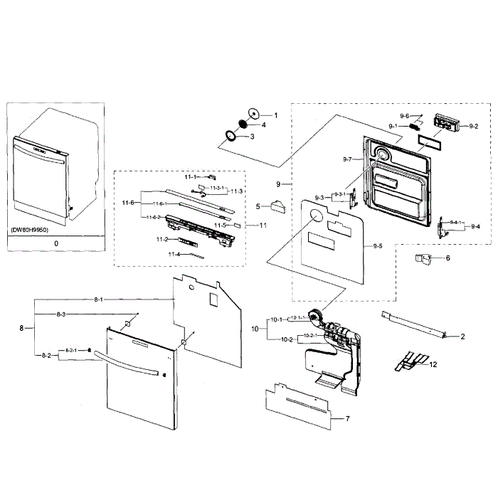 Door Diagram and Parts List for DW80H9950US AA-01 Samsung Dishwasher
