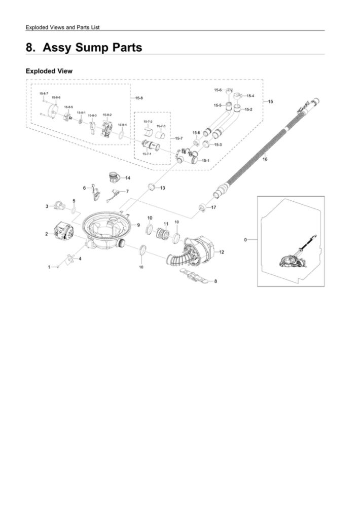 Sump Parts Assembly Diagram and Parts List for DW80R7060US AA-00 Samsung Dishwasher