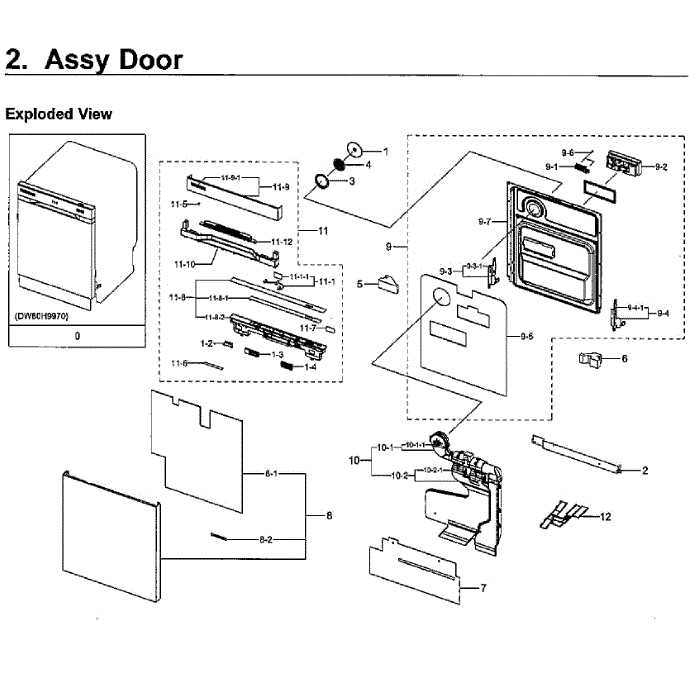 Door Diagram and Parts List for DW80H9970US AA-02 Samsung Dishwasher