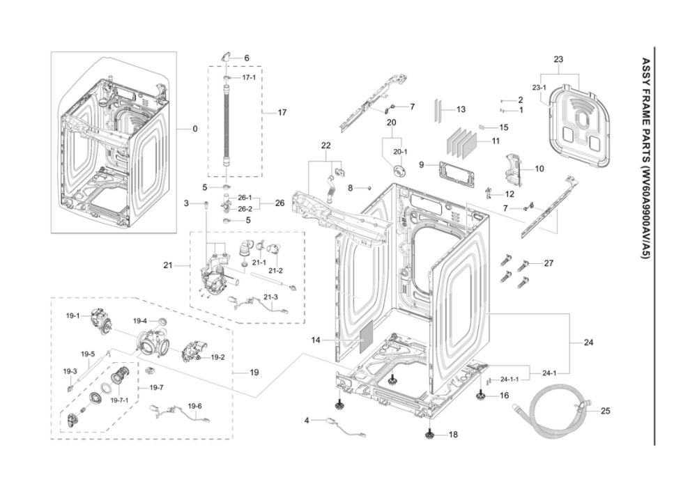 Frame Assembly 1 Diagram and Parts List for WV60A9900AV A5-00 Samsung Washer