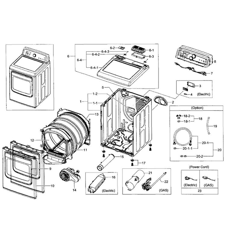 Main Assy Diagram and Parts List for DV484ETHAWR A1-0001 Samsung Dryer