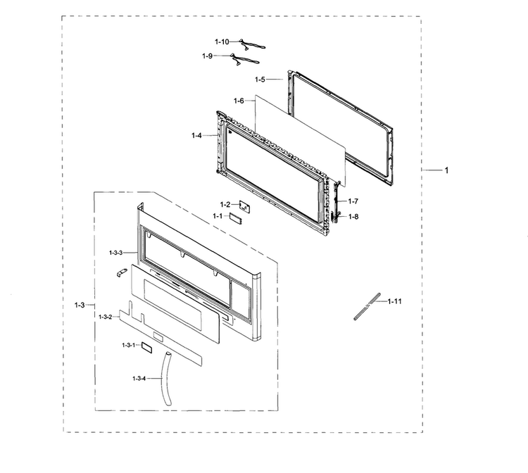 Door Diagram and Parts List for ME20H705MSB AA-0001 Samsung Microwave