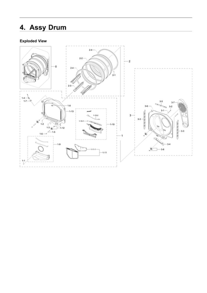 Drum Assembly Diagram and Parts List for DVG50R5200W A3-00 Samsung Dryer