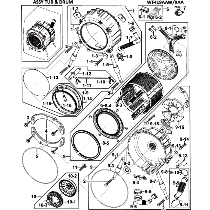 Tub / Drum Assembly Diagram and Parts List for WF419AAW XAA-00 Samsung Washer