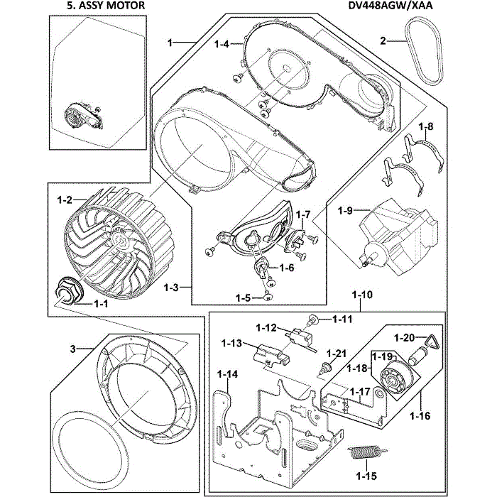 Motor Assembly Diagram and Parts List for DV448AGW XAA-00 Samsung Dryer