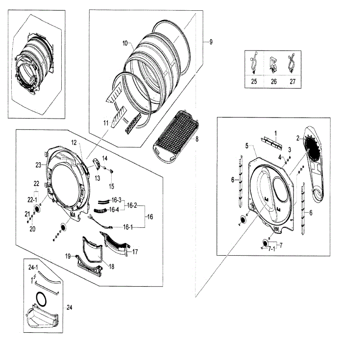 Drum Assembly Diagram and Parts List for DV209AEW XAA-00 Samsung Dryer