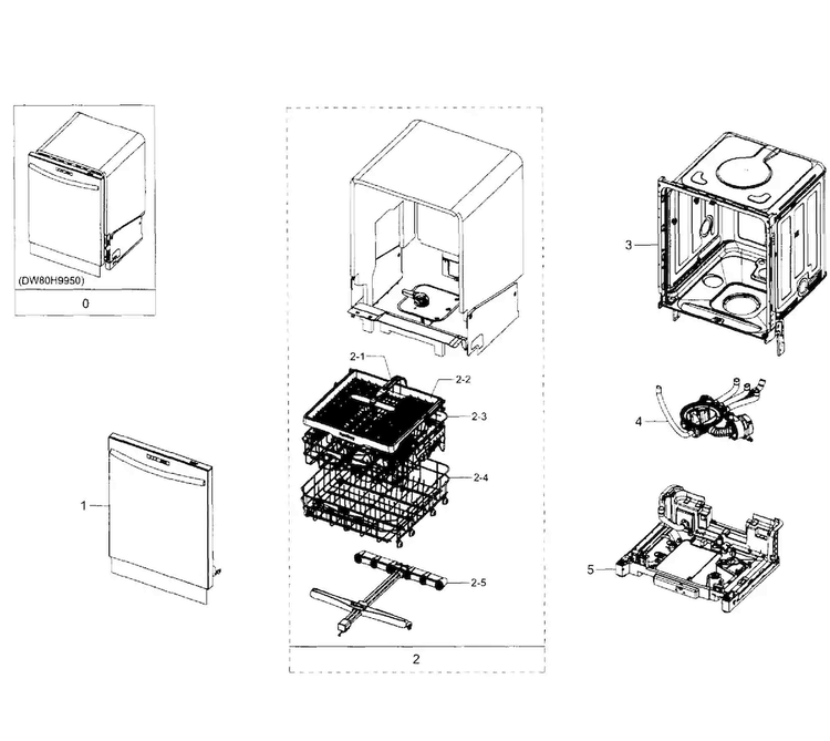 Main Section Diagram and Parts List for DW80H9950US AA-0001 Samsung Dishwasher