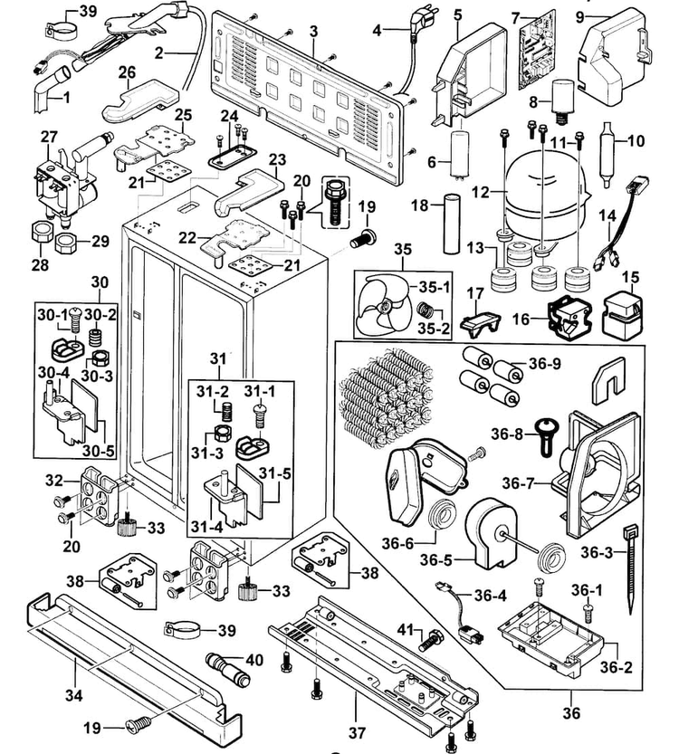 Cabinet Diagram and Parts List for RS2556BB XAA-0000 Samsung Refrigerator