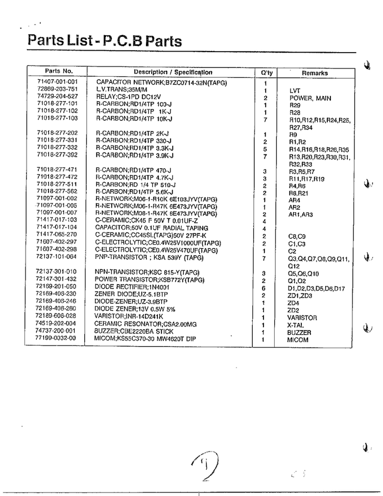 Parts List - P.c.b. Parts Page 2 Diagram and Parts List for MW4620T XAA Samsung Microwave