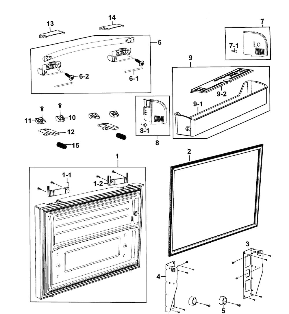 Freezer Door Diagram and Parts List for RF263AERS XAA-0001 Samsung Refrigerator