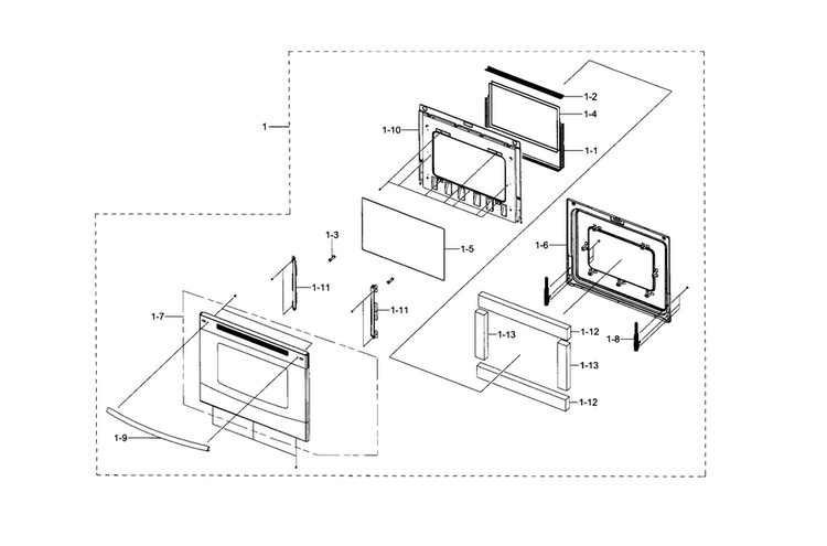 Door Diagram and Parts List for NE59J3420SB AA-0002 Samsung Range