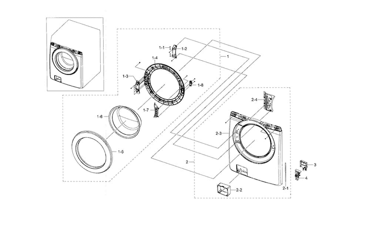 Frame Front & Door Diagram and Parts List for WF210ANW XAA-0001 Samsung Washer