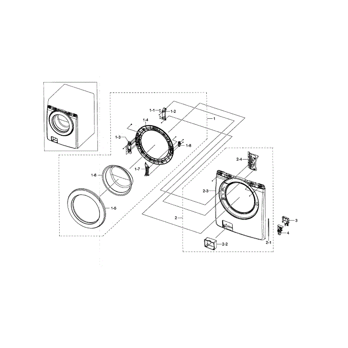 Frame Front And Door Diagram and Parts List for WF210ANW XAA-03 Samsung Washer