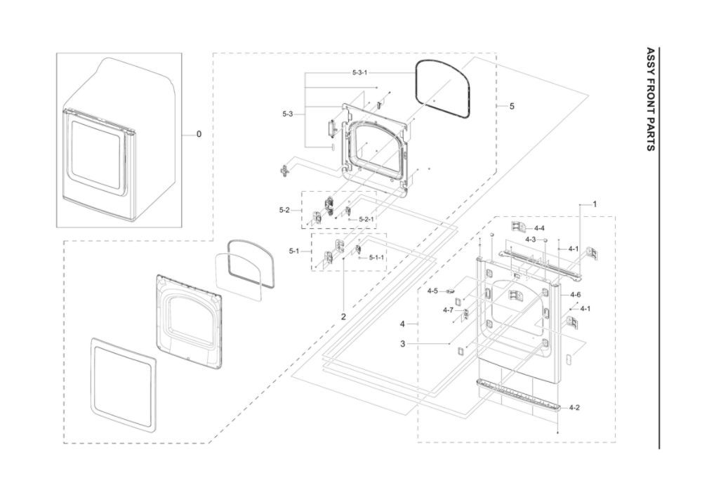 Front Assembly Diagram and Parts List for DVE45T3400P A3-00 Samsung Dryer