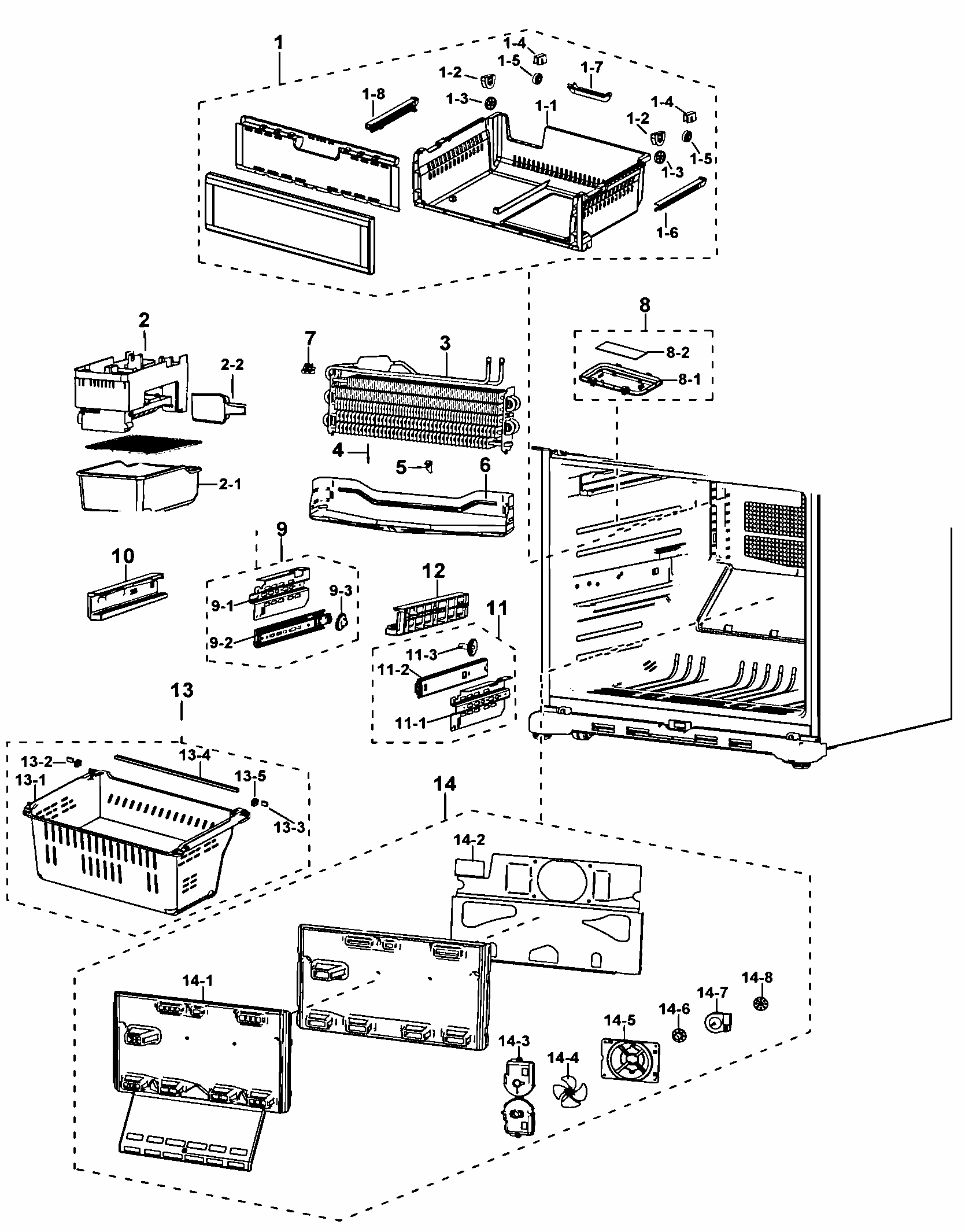 Freezer Diagram and Parts List for RF197ACBP XAA-0000 Samsung Refrigerator
