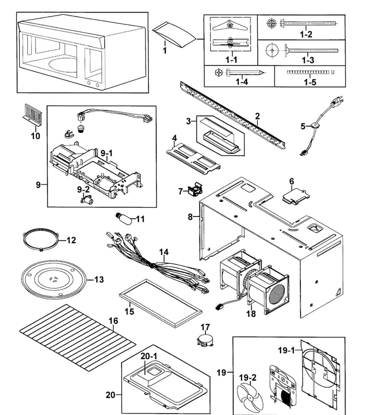 Cabinet 1 Diagram and Parts List for SMH8165STE XAA-0000 Samsung Microwave