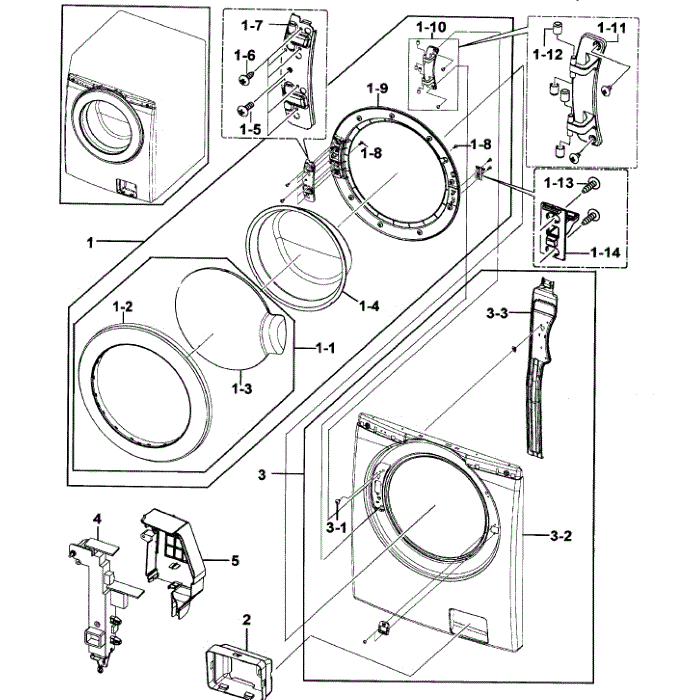 Front / Door Diagram and Parts List for WF209ANW XAA-00 Samsung Washer