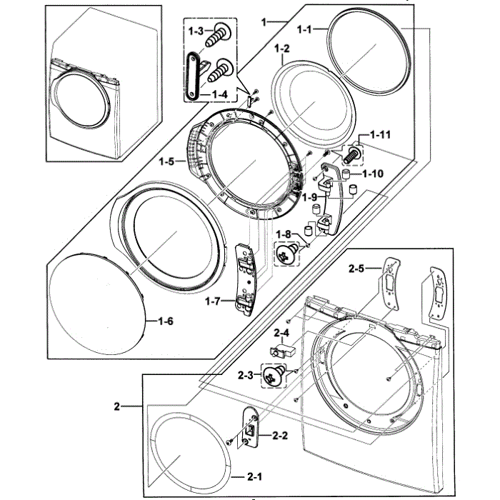 Front Assembly Diagram and Parts List for DV331AGR XAA-00 Samsung Dryer