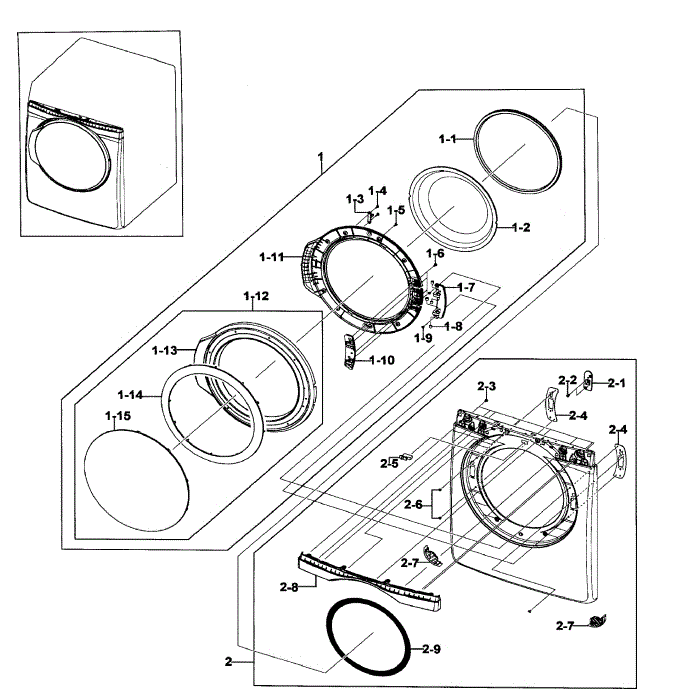 Frame Front And Door Diagram and Parts List for DV409AER XAA-02 Samsung Dryer