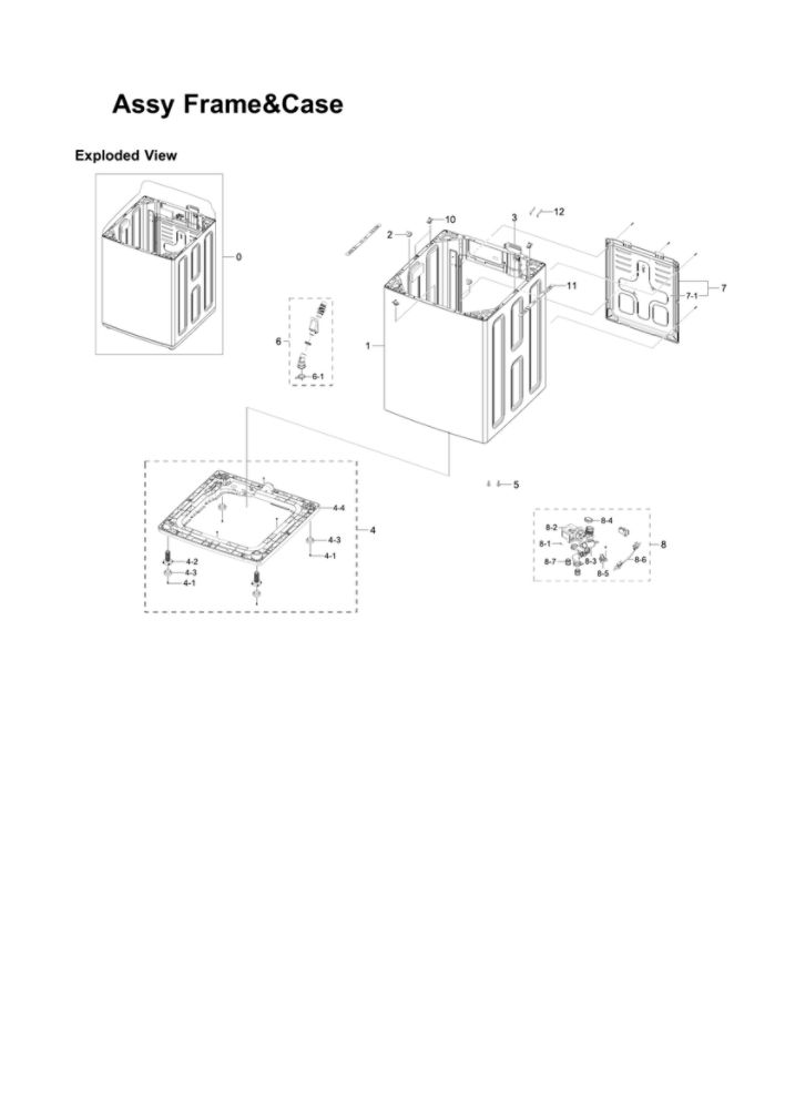 Frame And Case Assembly Diagram and Parts List for WA45H7000AW AA-11 Samsung Washer