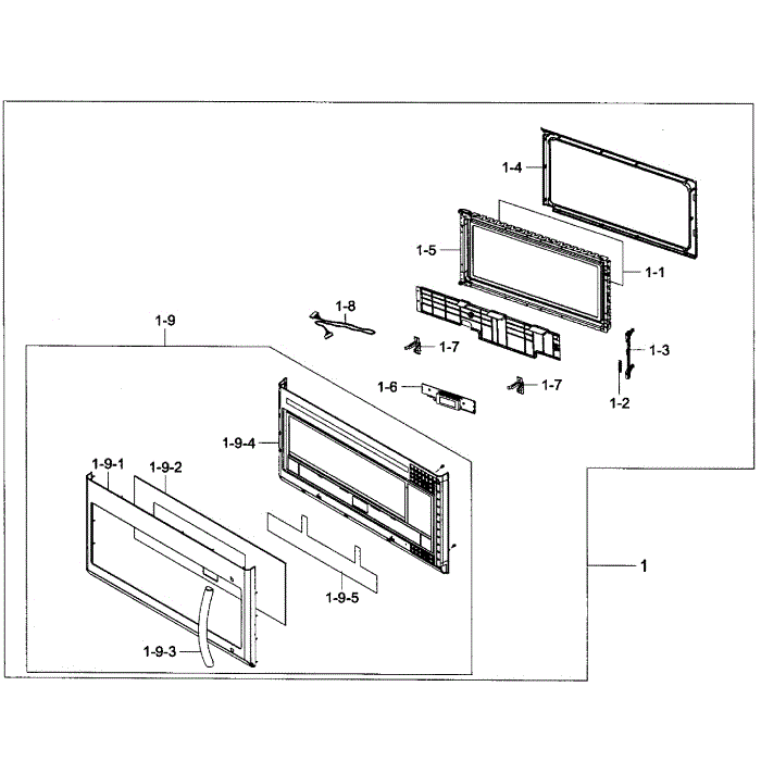 Door Assembly Diagram and Parts List for ME21F707MJT AA-00 Samsung Microwave
