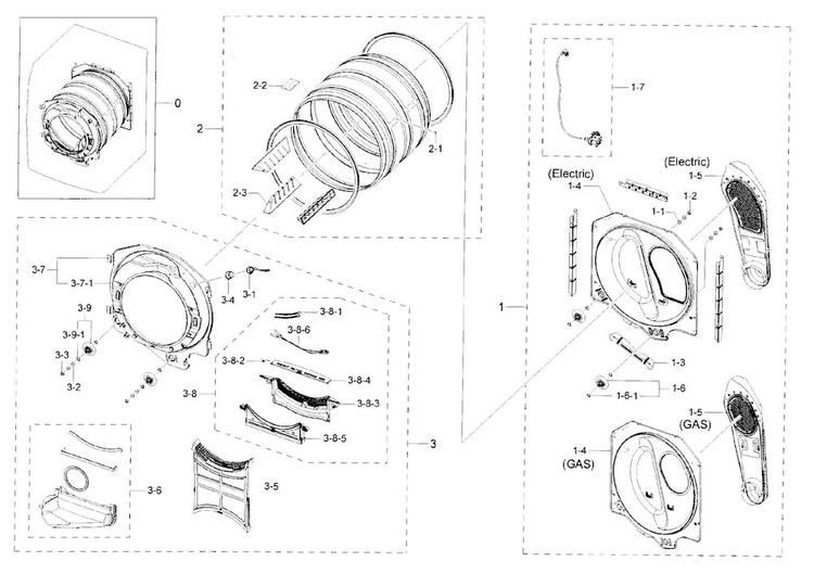 Drum Diagram and Parts List for DV42H5400EF A3-0000 Samsung Dryer