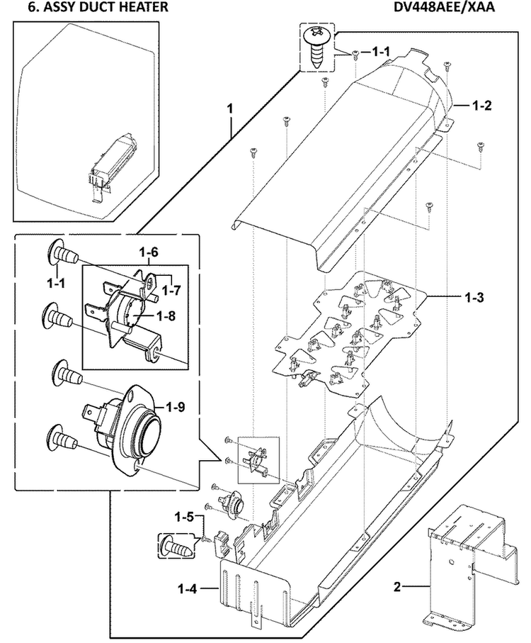 Heater Assy Diagram and Parts List for DV448AEE XAA-0000 Samsung Dryer