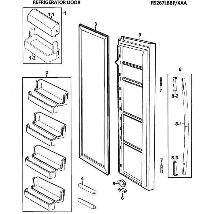 Right Door Diagram and Parts List for RS267LBBP XAA-00 Samsung Refrigerator