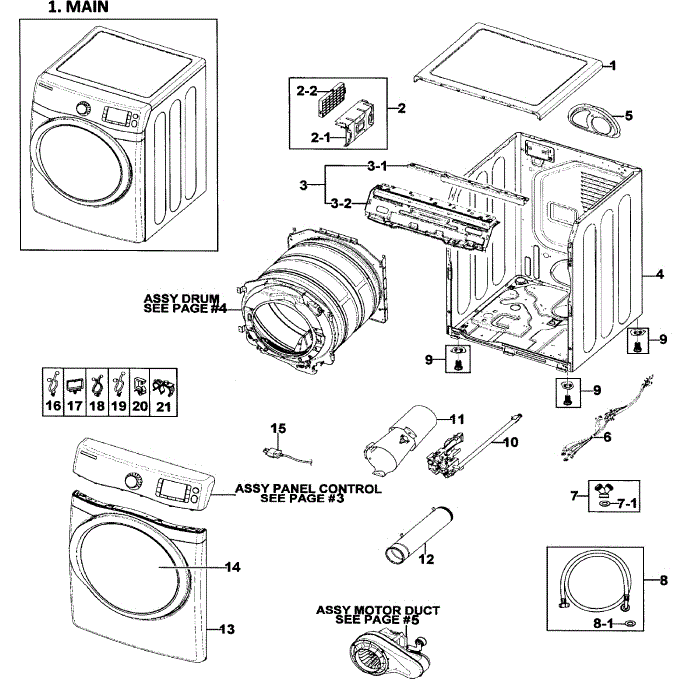 Main Assembly Diagram and Parts List for DV511AGR XAA-01 Samsung Dryer