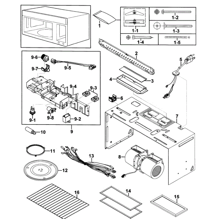 Cabinet 1 Diagram and Parts List for SMH7187STG XAA-00 Samsung Microwave