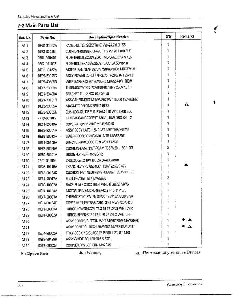 Main Parts List Page 2 Diagram and Parts List for MW6580W XAA Samsung Microwave