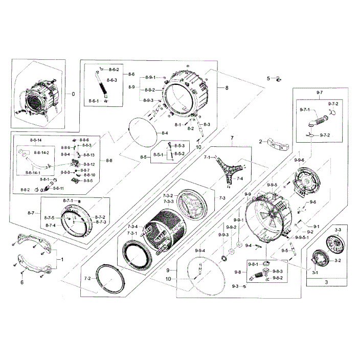 Tub And Drum Diagram and Parts List for WF42H5000AW A2-00 Samsung Washer