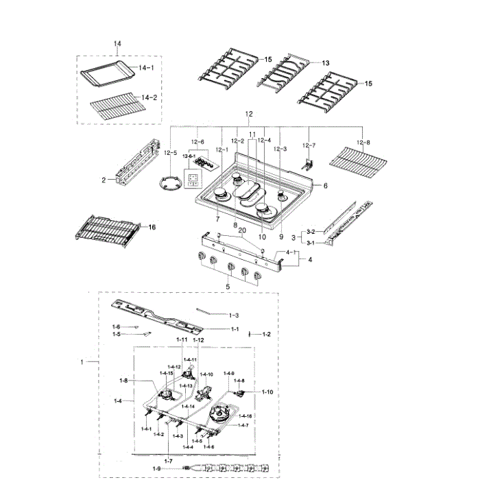 Cook Top Diagram and Parts List for NX58H5650WS AA-00 Samsung Range
