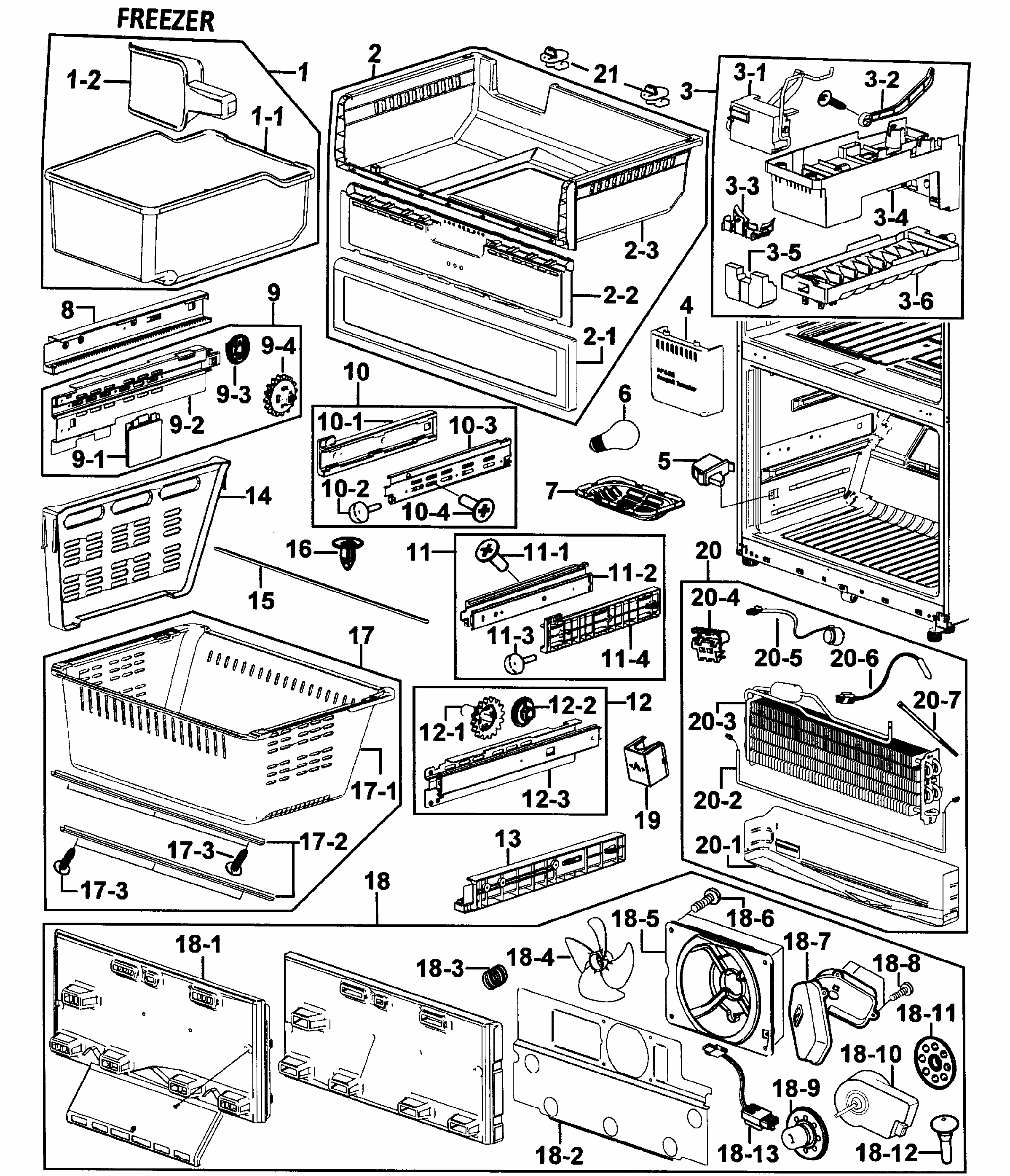 Freezer Diagram and Parts List for RF265AASH XAA-0000 Samsung Refrigerator