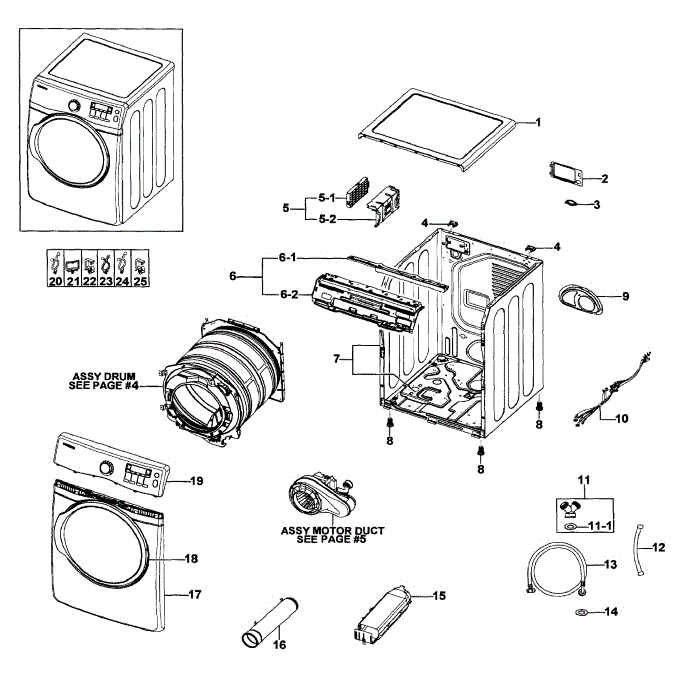 Main Assembly Diagram and Parts List for DV395ETPAWR A1-00 Samsung Dryer