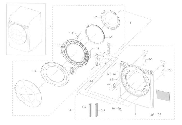 Frame Front & Door Diagram and Parts List for DV45K6200GZ A3-0000 Samsung Dryer