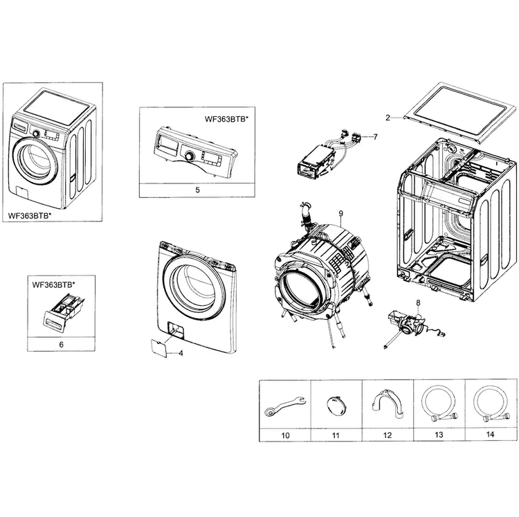 Main Assy Diagram and Parts List for WF363BTBEUF A2-0001 Samsung Washer